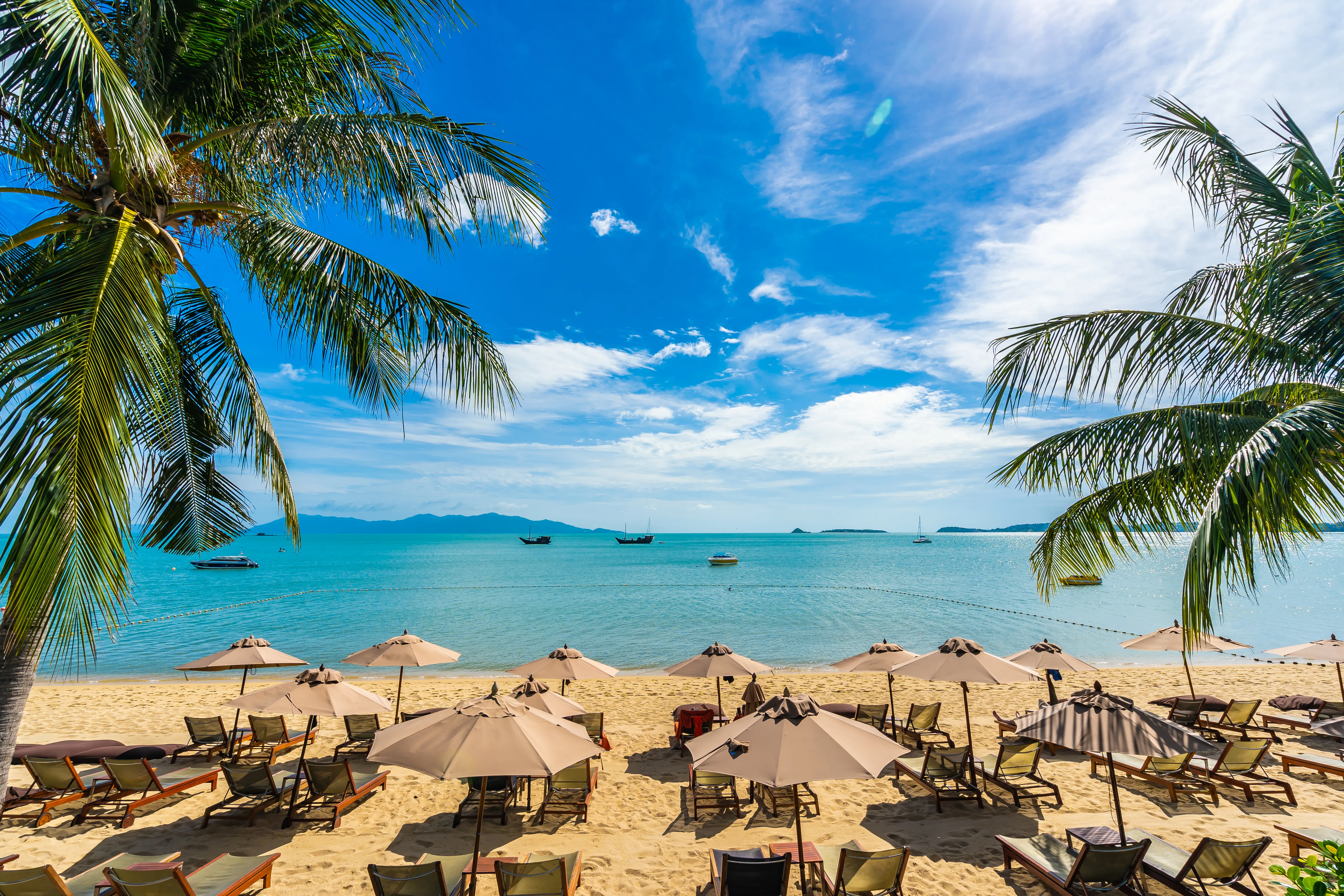 Beautiful tropical beach sea ocean with coconut palm tree umbrella chair blue sky